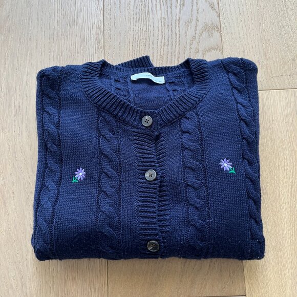 Navy Cable Knit Cardigan with Embroidered Flowers - Picture 2 of 2